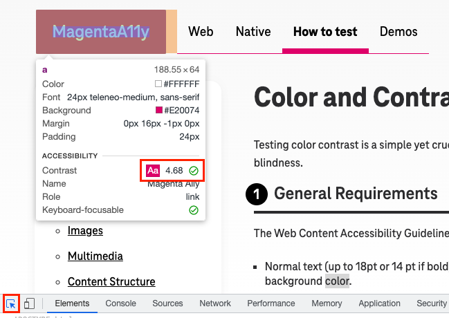 using Chrome's inspect element by mouse feature to see if element meets contrast requirmenets