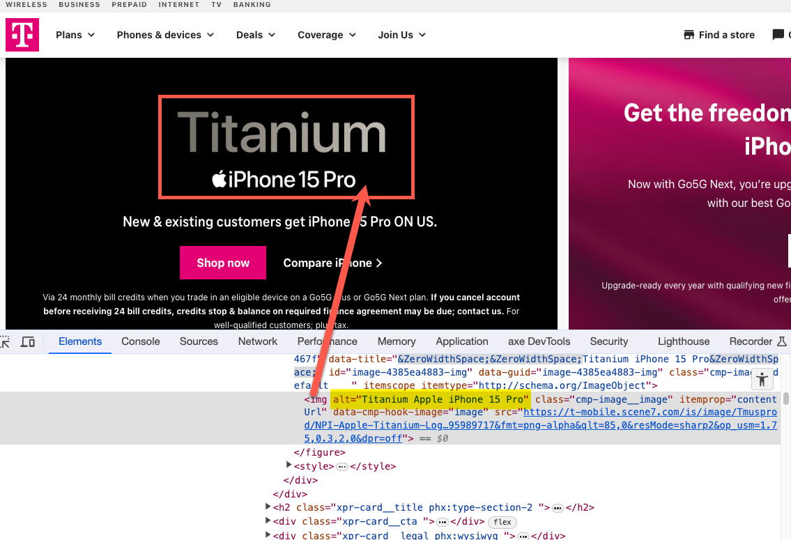 Inspecting an image in DevTools to check alt text, image of text example