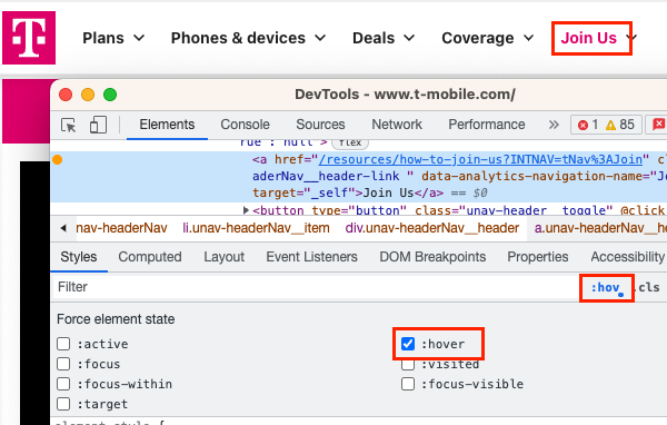 using Chrome's DevTools to force hover state on a link.