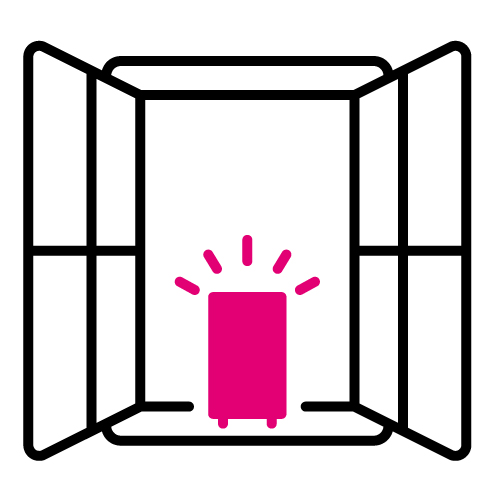 Home internet. Picture of a magenta colored gateway device inside of an open box, icon